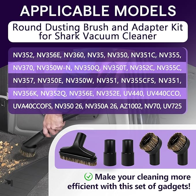 5PCS Horse Hair Brush Vacuum Attachment Set - Black Round Vacuum Attachments & Brushes - 5.9 In Long Floor Brush & Shop Vac Brush Attachment - 1 1/4" Vacuum Cleaner Adapter Included