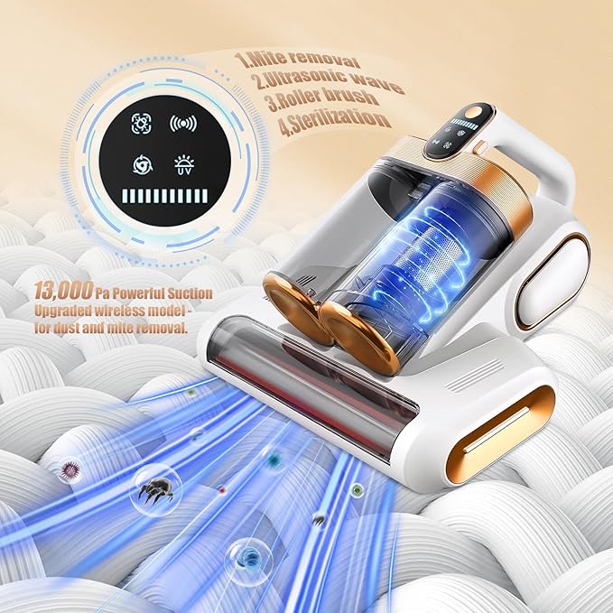 Mattress Vacuum Cleaner, Bed Vacuum Cleaner with HEPA Filter, 13Kpa Suction, UV-C Light, Double Cup Handheld Vacuum for Bed, Sofa, Pillows, Cribs (120W Wireless)