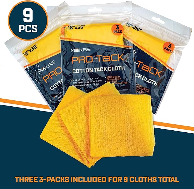 MāKRS 18" x 36" Pro-Tack Tack Cloth, 9-Pack Wood Prep Cloths, Remove and Trap Dust Particles, 100% Cotton, Staining, Varnishing, and Painting, Gentle on Surfaces