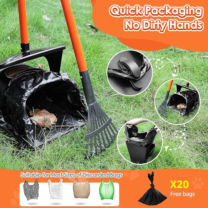 SlowTon Dog Pooper Scooper - 37.4" Long Metal Handle Adjustable Rake & Spade & Swivel Bin with 20 Waste Bags, Portable Pooper Scooper for Gravel Lawn Grass, Suit for Small Medium Large Dog