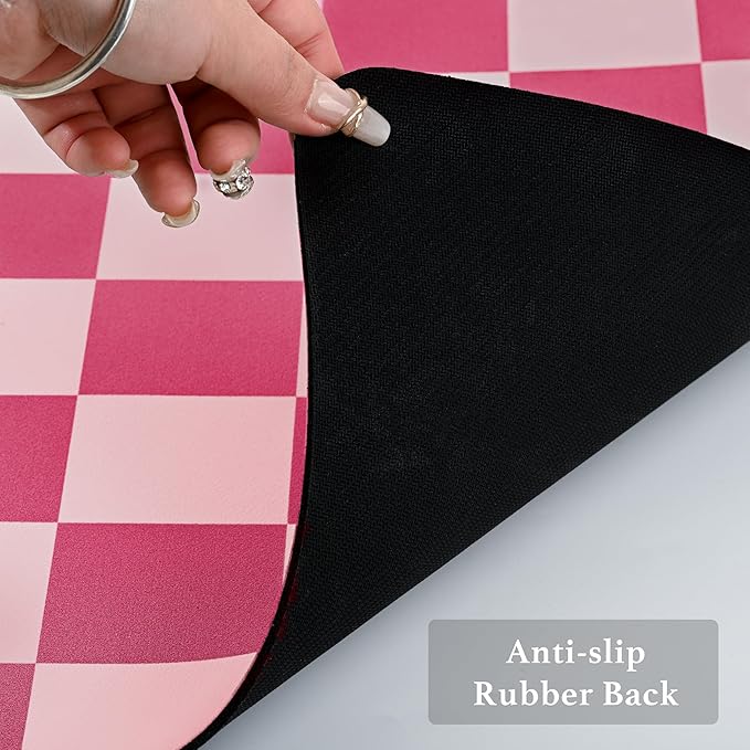 Checkered Dish Drying Mat for Kitchen Counter, Coffee Bar Station Accessories, Retro Cute Girly Pink Aesthetic Modern Absorbent Drainer Mat Kitchen Drying Mat Easy Clean, Hot Pink 16" x 24"