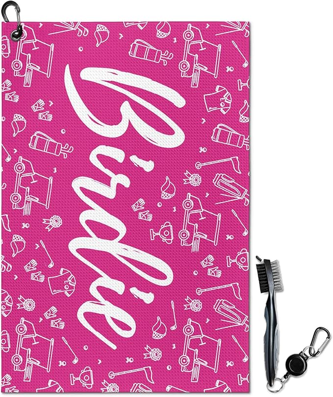 Womens Pink Golf Towel and Brush Set, Microfiber Waffle Golf Bag Towel with Clip, Cute Golf Cleaning Kit Funny Joke Logo Golf Accessories Gifts for Golf Fan, Ladies Golf Lovers Golfers Retirement Gift