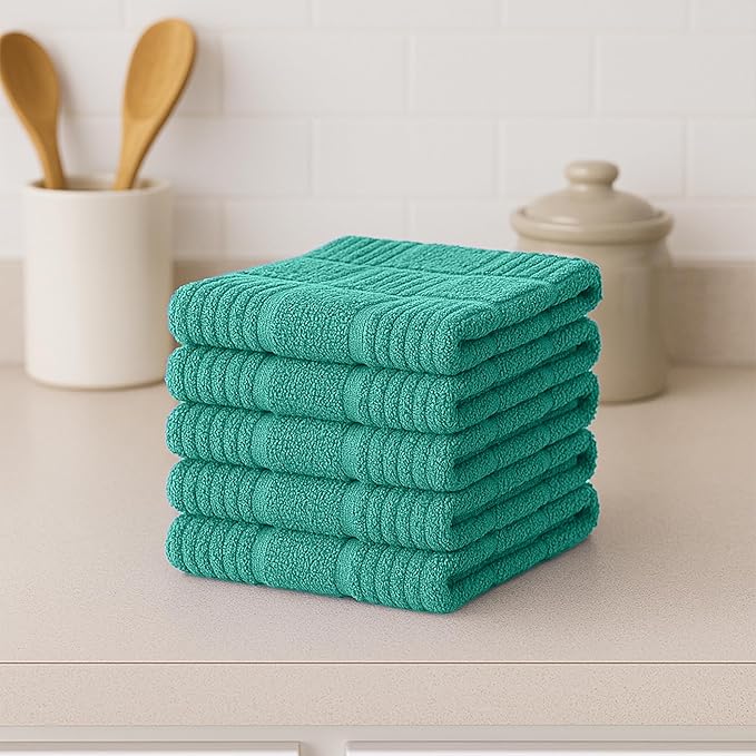 DecorRack 10 Pack 100% Cotton Kitchen Towels, 12x12 inch Soft Terry Dishcloths, Absorbent Hand Towels for Cleaning, Drying & Dishes, Plaid Pattern Cleaning Rags, Turquoise (Pack of 10)