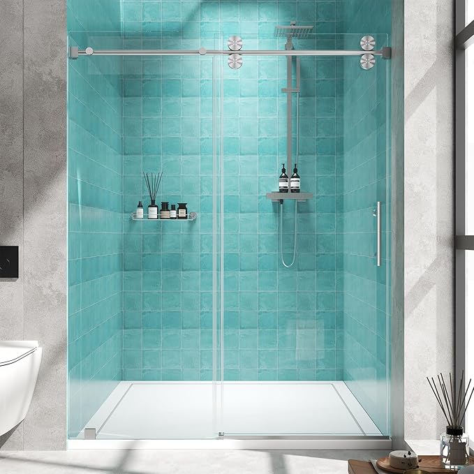 Frameless Sliding Shower Door 56–60 in W x 76 in H, 8mm Clear Tempered Glass Shower Doors Glass Sliding 60 Inches, Double Nano Coating, Stainless Steel Hardware, Silent Smooth Rollers, Brushed Nickel