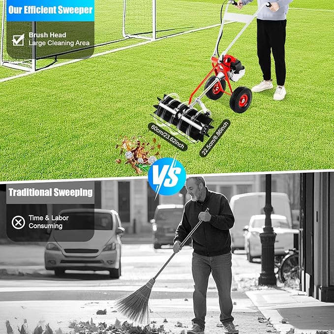 43CC Gas Powered Walk-Behind Outdoor Hand Push Sweeper,1.7HP 2-Stroke Handheld Sweeper Snow Sweeping Broom, Broom Walk Behind Driveway Turf Lawns Cleaning Driveway Tools for Lawn Leaf