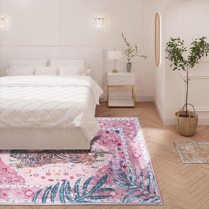 4x6 FT Leopard Rug for Living Room Pink Leopard Vintage Animal Rug Aesthetic Pink Rugs for Girls Room Nursery Bedroom Home Office Dorm Thin Bright Magenta Carpet (Light Pink, 4X6 FT)
