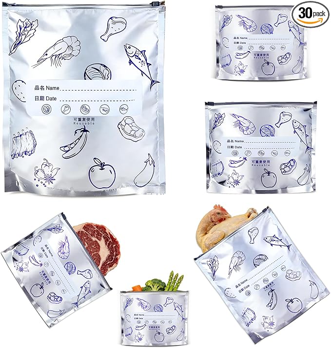Reusable Aluminum Foil Food Storage Bags with Writable Label, Stand-up Leakproof Ziplock Freezer Bags for Refrigerator, BPA-Free Durable Food Pouch (30, 10 of each size in 3 sizes)