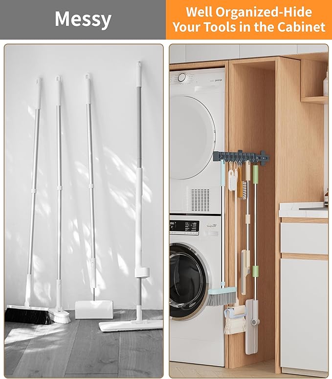 Pull Out Broom Holder With 9 Adjustable Sliding Hook, Multifunctional Slide Broom And Mop Storage/Organizer Garage Organization Hooks, for Closet Laundry - Dark grey- 41cm/16.14inch