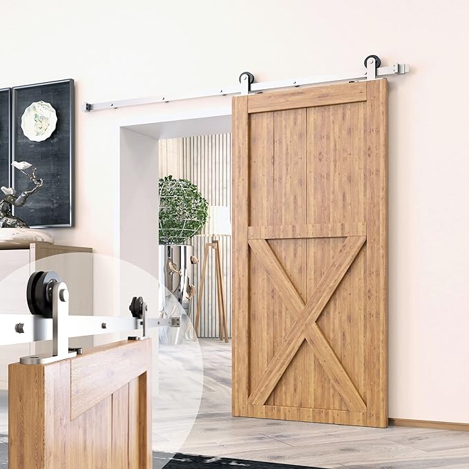 Homacer Brushed Nickel Non-Bypass Sliding Barn Door Hardware Kit, for One/Single Door, 6.6ft Long Flat Track, T-Shape Design Roller, Heavy Duty, for Interior & Exterior Use