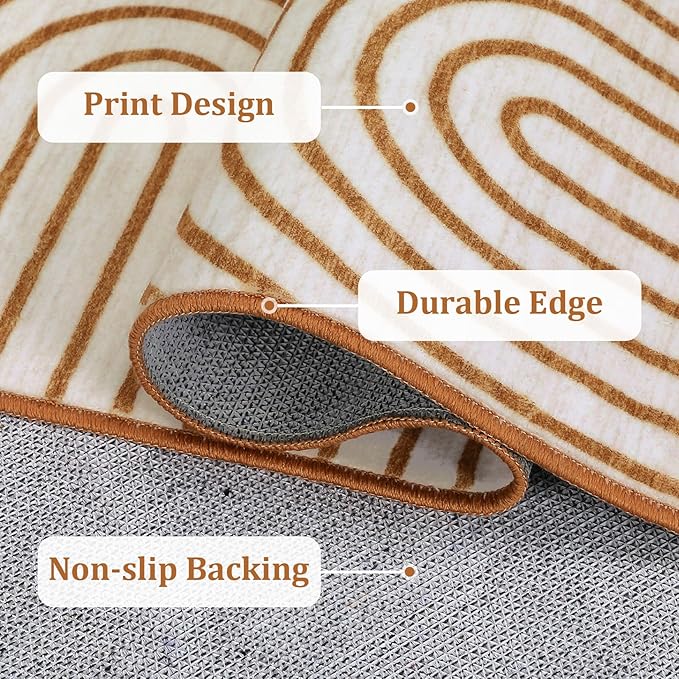 Washable Rug 3x5 Area Rugs for Living Room, Abstract Rug for Bedroom, Soft Rainbow Non Slip Throw Rugs with Rubber Back, Low Pile Stain Resistant Boho Geometric Carpet for Dining Room, Orange