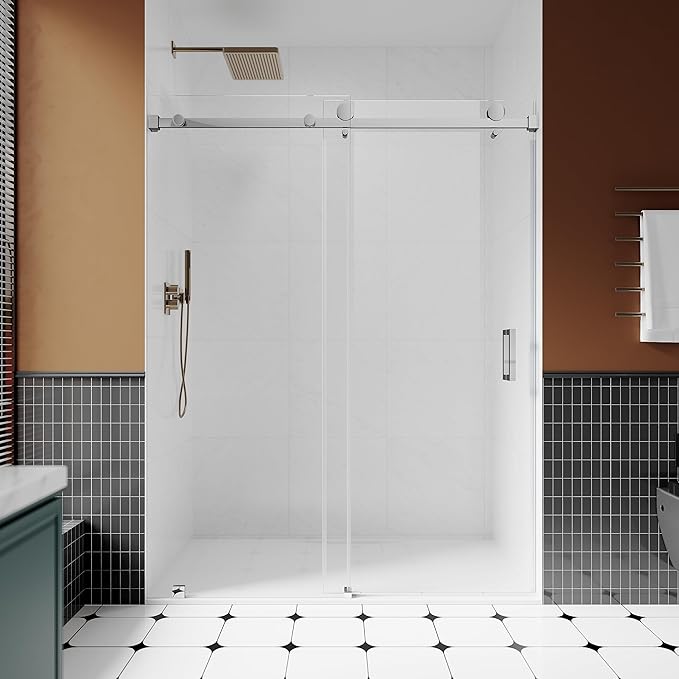 3/8" (10mm) Sliding Glass Shower Door, 56-60" W x 80" H Frameless Bathroom Door with Easy-Cleaning Coating,Bright Chrome