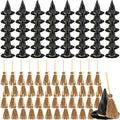 48 Pcs Mini Witch Hats and Broom for Crafts Halloween Wizard Accessories for Party Favors Decor (Black,1.97 Inches)