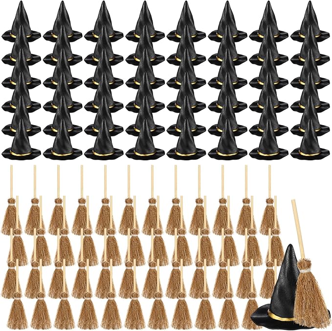 48 Pcs Mini Witch Hats and Broom for Crafts Halloween Wizard Accessories for Party Favors Decor (Black,1.97 Inches)