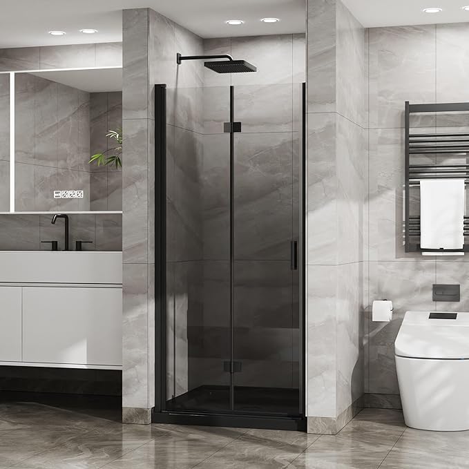 Frameless Bi-Fold Shower Door 34" W x 72" H, 1/4" Clear Tempered Glass, Folding Swing Design, Reversible Installation, Black Finish, Space-Saving Glass Shower Door for Small Bathrooms