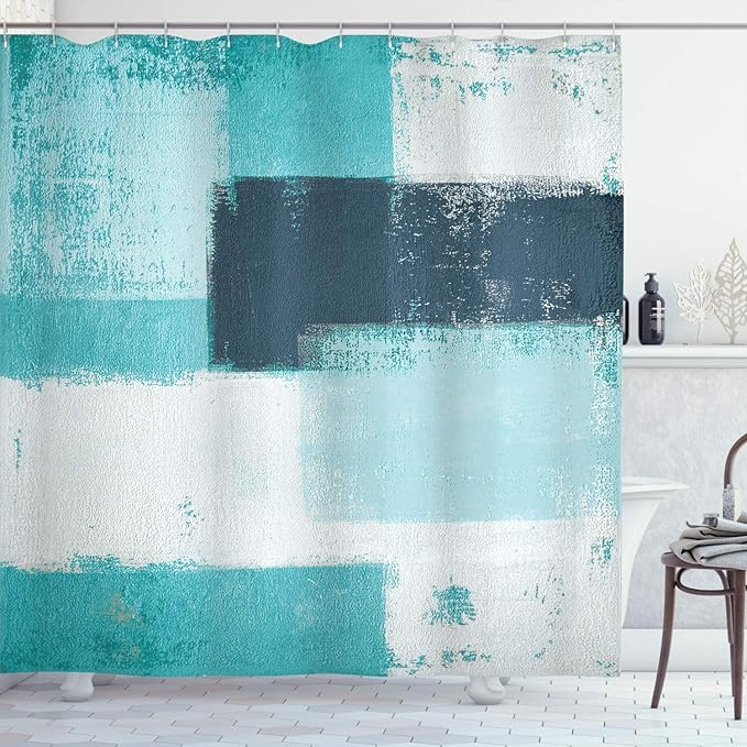 Ambesonne Abstract Shower Curtain, Abstract Grunge Style Brushstrokes Painting Contemporary Illustration, Cloth Fabric Bathroom Decor Set with Hooks, 69" W x 75" L, Turquoise Aqua