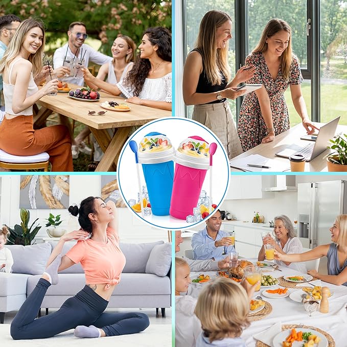2 Pack Slushy Cup with Cleaning Brush Set - DIY Quick Freeze Squeeze Cup with Lid, Straw Spoon, Slushie Maker for Milk Juice Smoothies, Summer Gift for Kids Family Friends (Blue+Pink)