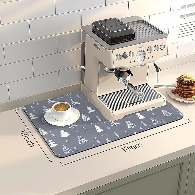 Bloss Coffee Mat, Christmas 12"x19" Bar Mat with Waterproof Rubber Backing, Fit Under Coffee Maker Machine/Kitchen Counter/Dish Drying Mat-Grey and Pine