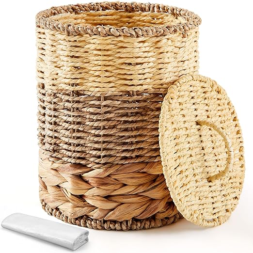 Ctosree 1.3 Gallons Small Trash Can with Lid Handle Boho Woven Braided Bathroom Waste Basket Trash Can with 100 Garbage Bags for Bedroom Office Laundry(Primary Color,Braided Wicker,Round)