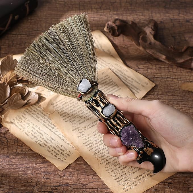 Witch Crystal Altar Broom - Witchcraft Supplies Wiccan Decor Altar Supplies with Moon Black Obsidian Natural Healing Crystals Reiki Energy Emotional Regulation Wealth Attraction Crafts