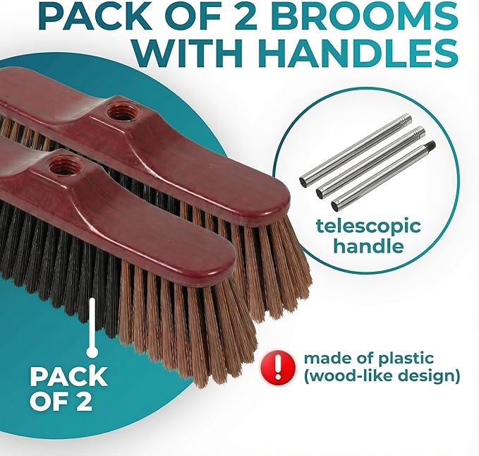 HELOMOR Indoor Broom with Dustpan Combo Set, Long Handle Floor Sweeping Broom for Kitchen, Garage, Office, Bathroom, Wood & Parquet Floors (2 Pack)