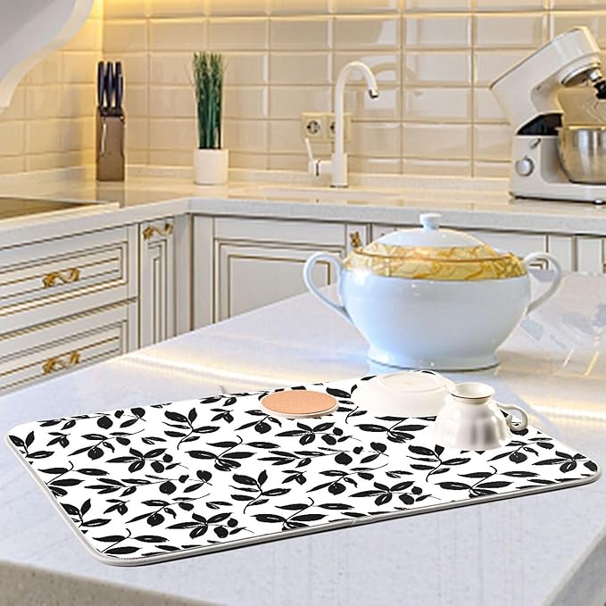 Eucalyptus Leaves Dish Drying Mat for Kitchen Countertop 18x24 Black White Floral Leaf Large Drying Mat Reusable Quick Dry Dish Sink Absorbent Mats Dishwasher Easy Clean Decorative Home Essentials
