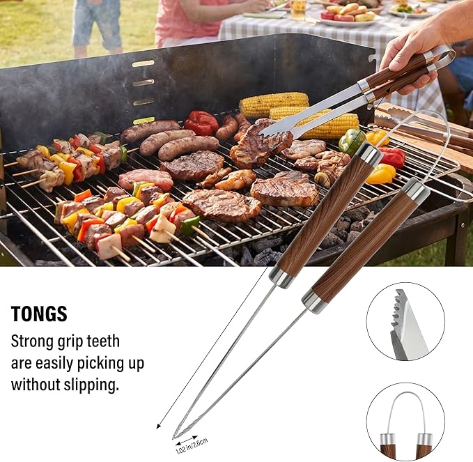 BBQ Grill Accessories Set, Grill Tools Grilling Accessories Grilling Gifts for Men - Spatula, Fork, Brush, Tongs & Cleaning Brush - Outdoor Barbecue Utensils Gifts for Men Dad Him (Wood)