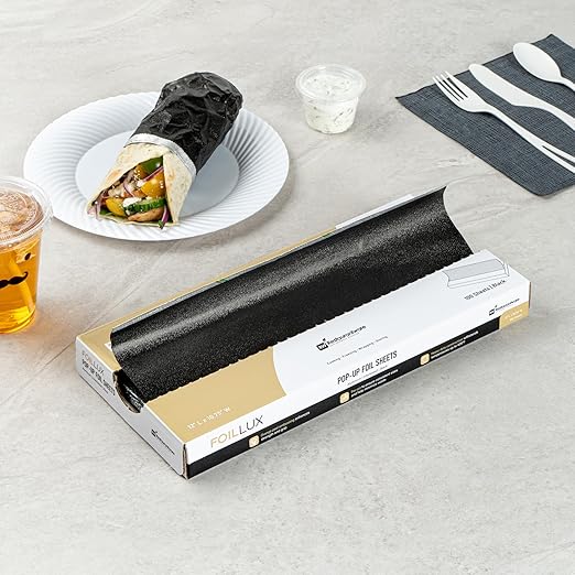 Restaurantware Foil Lux 12 x 10.8 Inch Pop-Up Foil Sheets 2000 Disposable Foil Papers For Food - Orange Peel Embossing Interfolded Black Aluminum Foil Sheets Greaseproof Freezable Oven Ready