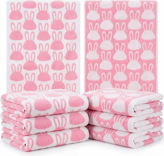 Frienda 4 Pcs Easter Hand Towels for Bathroom 13 x 29'' Soft 100% Cotton Pink and White Bunny Decorative Towel Absorbent Pink Rabbit Bathroom Decor for Drying Cleaning Cooking Gift Easter Decor