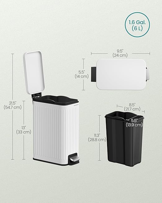 SONGMICS Bathroom Trash Can, 1.6-Gallon (6 L) Trash Bin with Lid, Slim for Small Spaces, Stainless Steel Garbage Can, Soft Close, White ULTB563W02