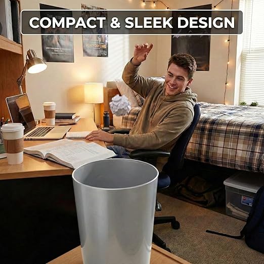 Mini Waste Basket - Durable Small Plastic Garbage Trash Can Bin - Lidless Open-Top, Slim Profile for Compact Spaces - Suitable for Home, Bathroom, Office, Bedroom, Kitchen and More, Silver Brushed