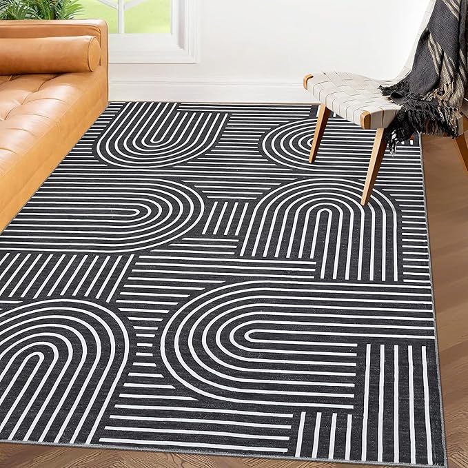 Washable Rug 3x5 Area Rugs for Living Room, Abstract Rug for Bedroom, Soft Rainbow Non Slip Throw Rugs with Rubber Back, Low Pile Stain Resistant Boho Geometric Carpet for Dining Room, Black