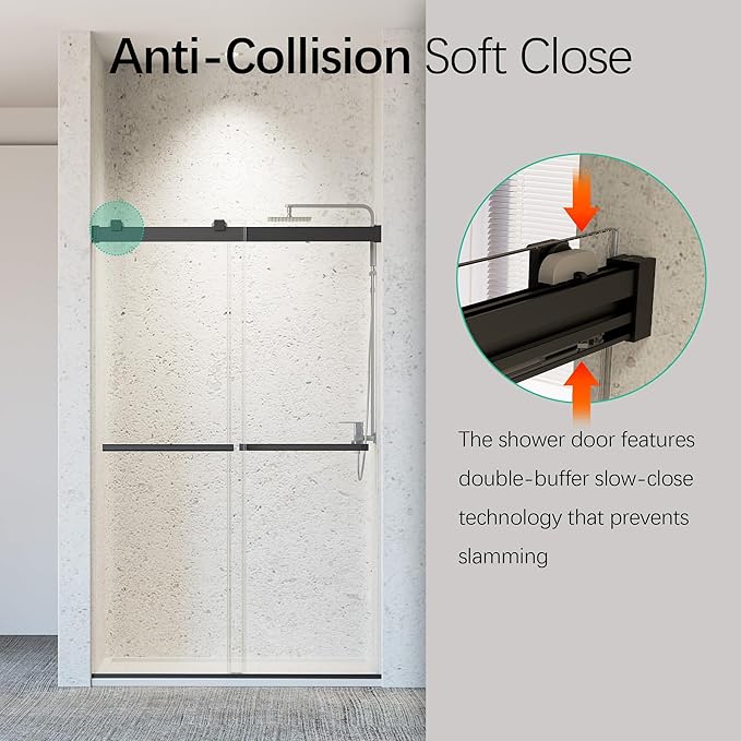 46-48" W x 76" H Soft-Close Frameless Double Sliding Shower Door, Bathroom Shower Glass Doors with 5/16" (8mm) SGCC Tempered Glass and Stainless Steel Handle, Easy to Install, Matte Black