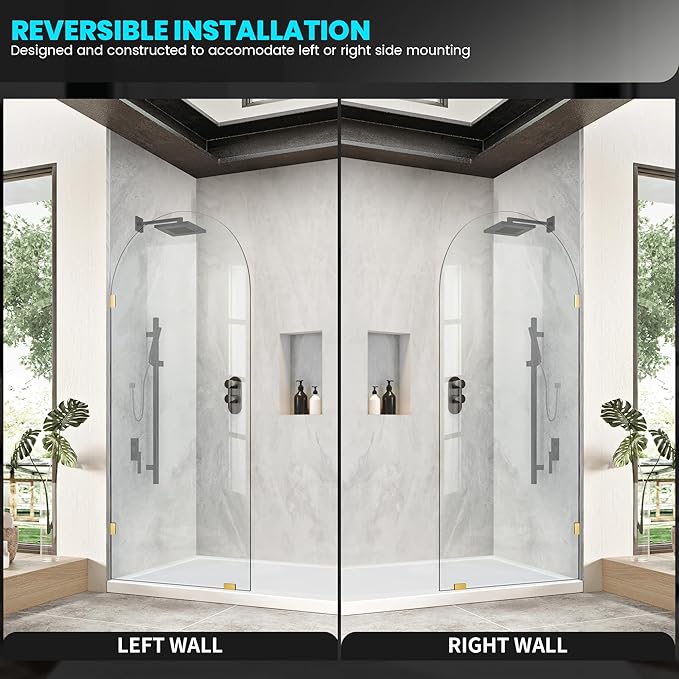 Bathroom Glass Shower Door Panel, 30" W x 78" H Fixed Frameless Shower Doors with Clamps, 3/8"(10mm) Thick Clear Tempered Glass Shower Screen Single Panel for Walk in Shower (Brushed Gold)