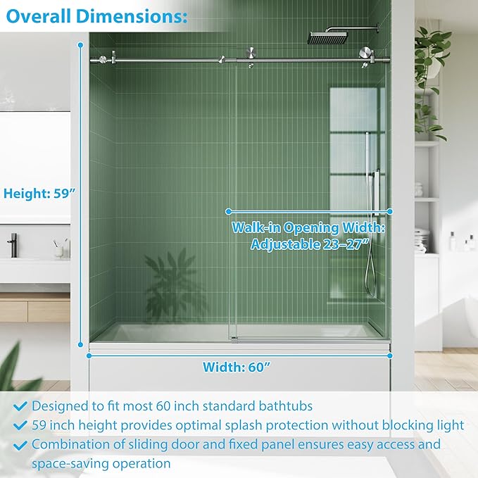 Frameless Sliding Shower Door, 59" Width x 60" Height, 6mm (1/4") SGCC Tempered Clear Glass with Easy-to-Clean Coating, Brushed Nickel Round Rail