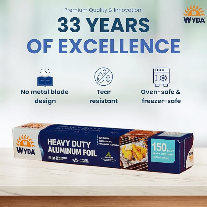 Wyda Heavy Duty Aluminum Foil – 150 Sq Ft (50 Yd x 12 In) |Strong Food-Grade with Built-In Cutter for Baking, Grilling, Cooking & Food Storage | Oven & Freezer Safe, Recyclable