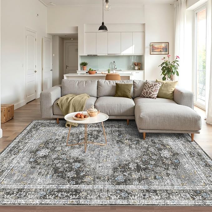 4x6 Area Rugs for Living Room, Bedroom, Small Washable Black Rugs, Entryway Non Slip Rug, Neutral Floral Vintage Boho Soft Indoor Carpet for Nursery, Bathroom, Office