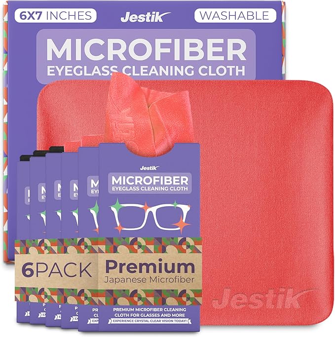 Jestik Microfiber Cleaning Cloth - Japanese Lens Wipes for Eyeglasses, Camera Lenses, Screens & More - Versatile Glasses Cleaner Cloths, Lint-Free, Washable (Black/Crimson Red - Pack of 6)