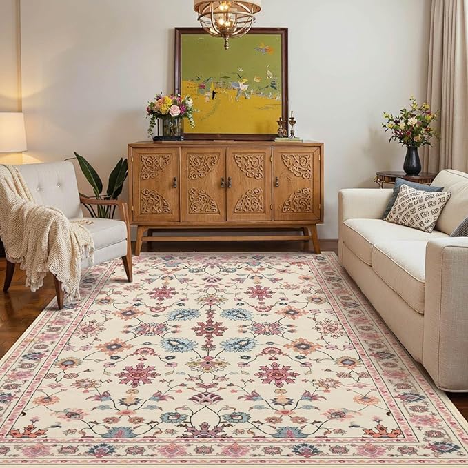 Pink Rug for Living Room Bedroom, Floral 4x6 Washable Rug,Vintage Boho Area Rug, Large Non Slip Flower Carpet for Indoor Dining Room,Girls Room,Nursery Room and Kids Room(Blush Pink 4x6ft)