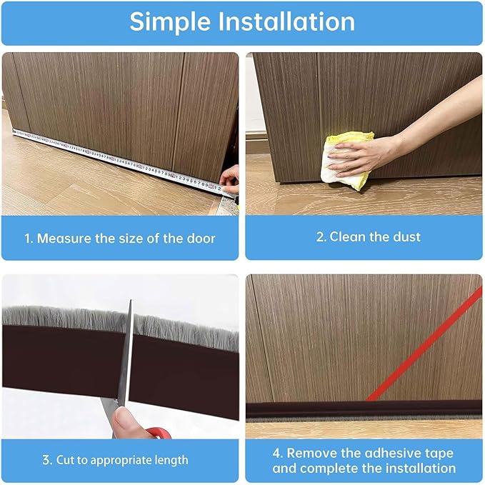 39-inch Door Draft Stopper with Brush - Adhesive Weather Stripping Seal for Exterior/Interior Doors | Under Door Sweep Blocks Drafts, Noise & Dust | Fits 1/4"-1" Gaps (Brown)