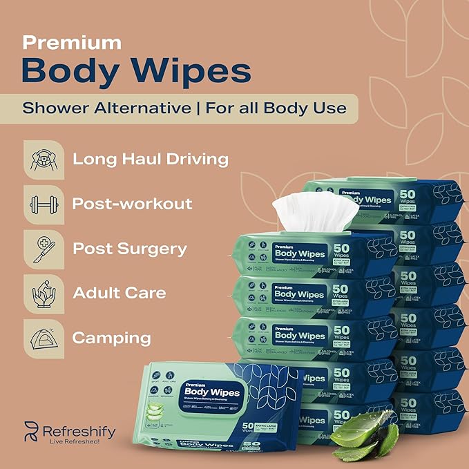 Adult Wipes Extra Large - Shower Body Wipes for Adults 8" x 12" (600 count) + 12 Travel Packs | Adult Wipes for Elderly, Bathing No Rinse, Vitamin E and Aloe, 12 Packs of 50 (Packaging May Vary)
