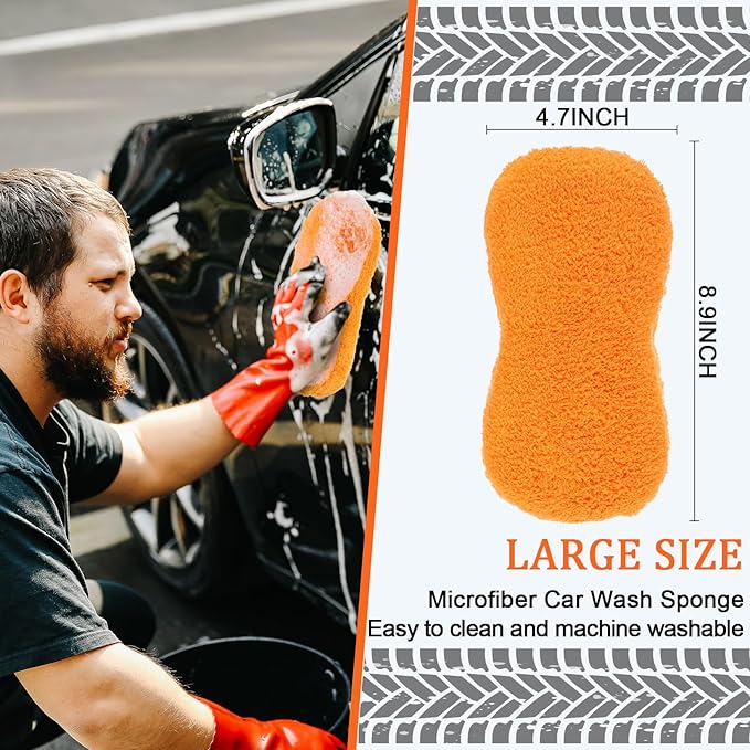Tanlade 4 Pcs 2 Pack Large Microfiber Car Wash Sponge for Cleaning, Non Scratch Microfiber Sponges for Car Washing Supplies, Trucks and Motorcycles (Orange)