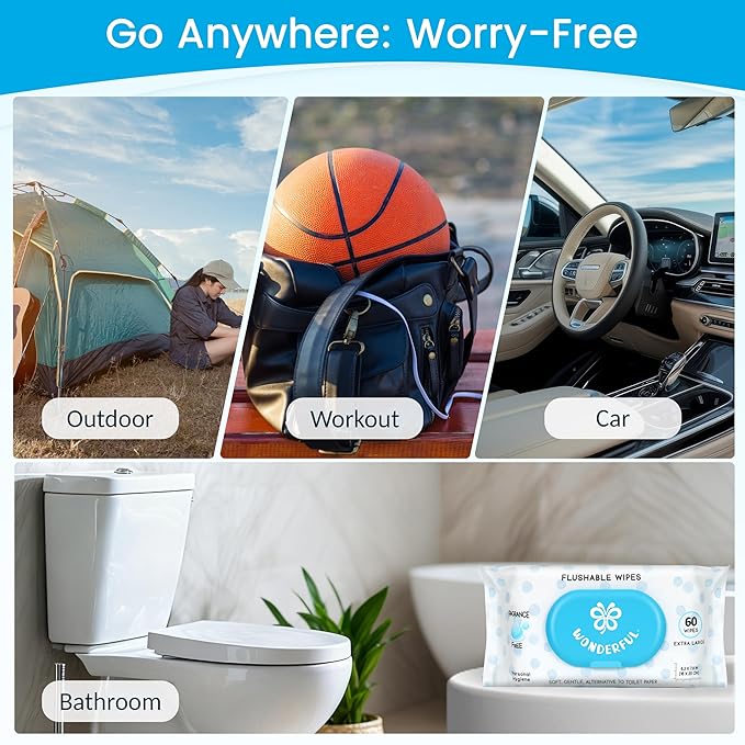 WONDERFUL Flushable Butt Wipes, Unscented 100% Plant-Based Wet Wipes for Adults & Kids, Sewer & Septic Safe, Gentle on Sensitive Skin, Wipes Flushable Pack for Bathroom & Travel, 1-Pack (60 Wipes)