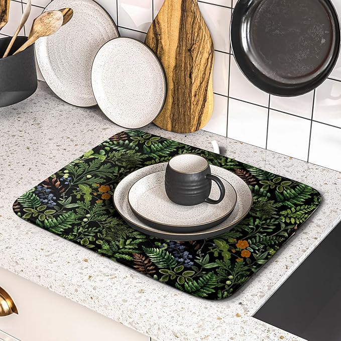 Black Sage Green Plant Dish Drying Mat for Kitchen Counter,Vintage Botanic Fern Leaves Floral Drying Mat 16 x 18 Inch with Absorbent Reversible Microfiber Drying Pad for Coffee Bar