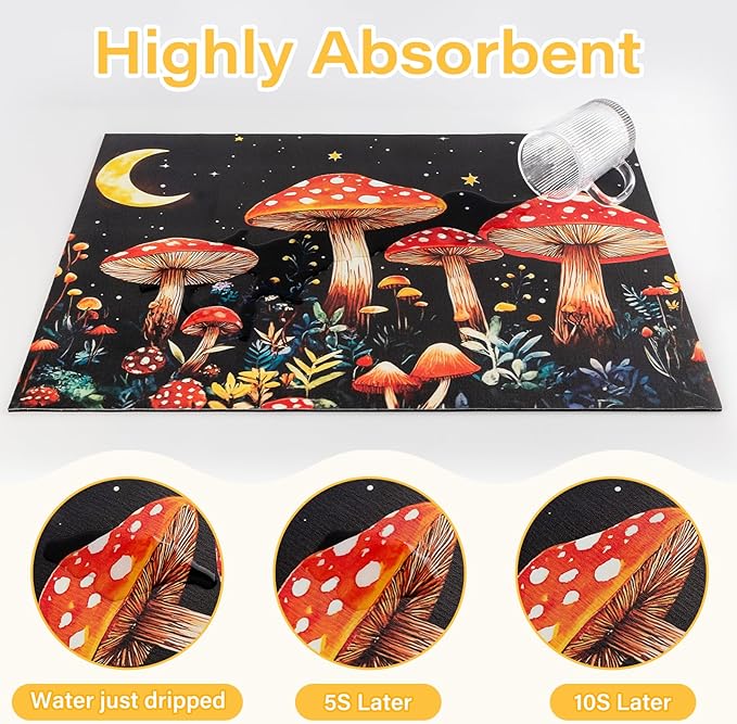 Mushroom Dish Drying Mat 24" x 16" for Kitchen Counter Coffee Mat Bar Accessories,Fit Uder Pot, Dish Rack,Hide Stain,Absorbent Easy Clean