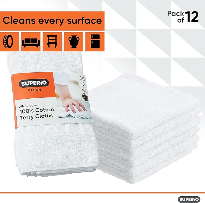 Superio White Washcloths 12 Pack Terry Cloth Rags 100% Cotton 12" Cleaning Cloths, Kitchen Towels, Facial Washcloth, Spa Cloths, Hand Towel, Small Lint Free Rags for Multi-Purposes