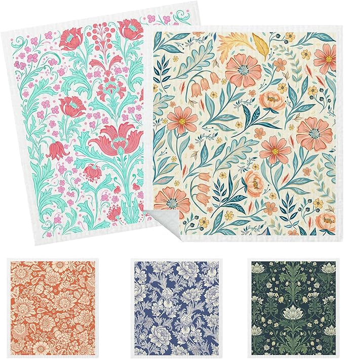 5 Pack Mixed Vintage Floral Swedish Kitchen Dishcloths Dish Towel, Dish Towels for Kitchen, Swedish Dishcloth Colorful Flower, Paper Towels Reusable, Dish Cloth Towel Cleaning Wipe for Home