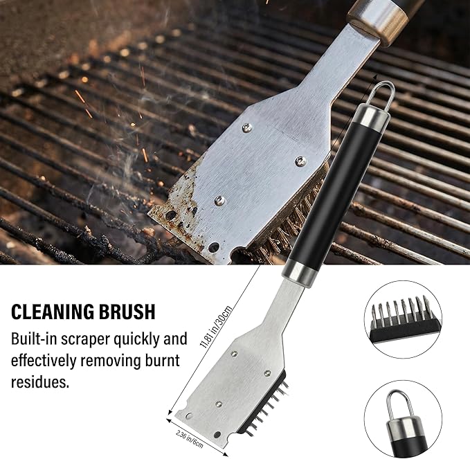 BBQ Grill Accessories Set, Grill Tools Grilling Accessories Grilling Gifts for Men - Spatula, Fork, Brush, Tongs & Cleaning Brush - Outdoor Barbecue Utensils Gifts for Men Dad Him (Black)