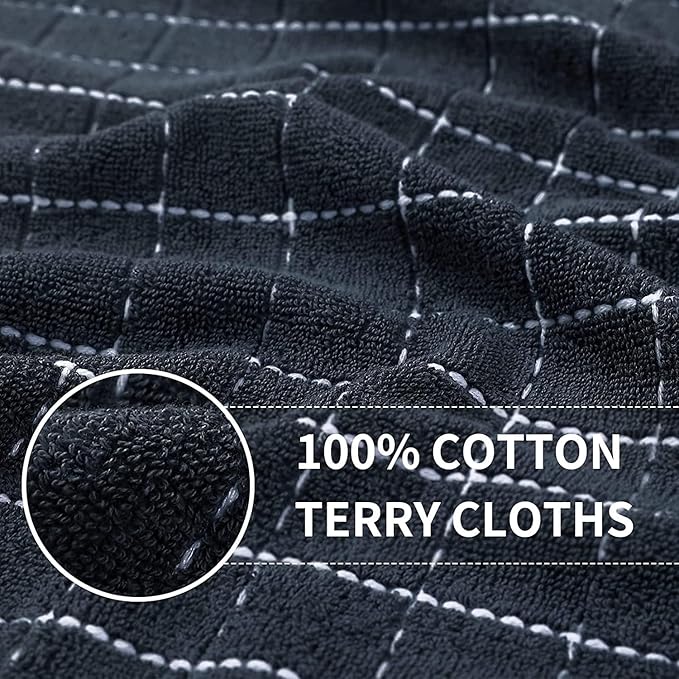 Homaxy 100% Cotton Terry Kitchen Towels(Dark Grey, 13 x 28 inches), Checkered Designed, Soft and Super Absorbent Dish Towels, 8 Pack