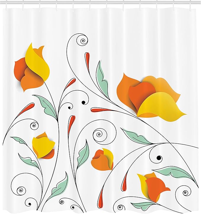 Ambesonne Floral Shower Curtain, Bouquet with Swirled Branches Romantic Paper Flowers Origami Autumn Blooms Image, Cloth Fabric Bathroom Decor Set with Hooks, 69" W x 70" L, Mint Orange