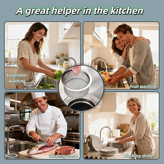 Stainless Steel Kitchen Sink Strainer - Deep Cup Basket Design, 2-Pack, Upgraded Double-Layer Safety, Large Food Catcher, Fits Most Standard Drains (3.14"-3.34" Inner Dia), Rustproof, Easy to Clean